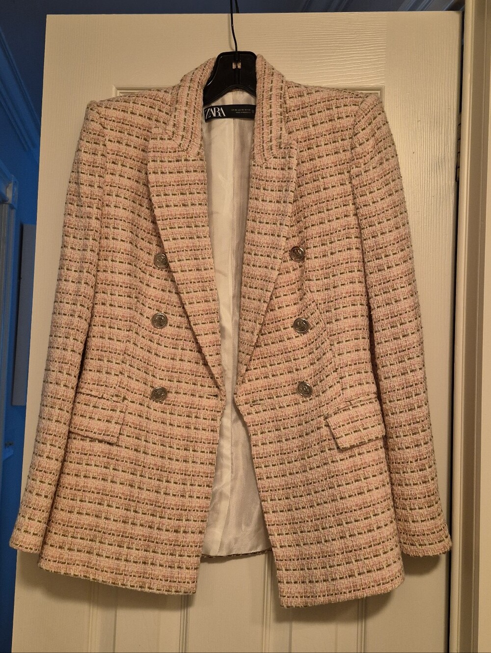 Zara Pink Tweed Double-Breasted Blazer with Gold Buttons